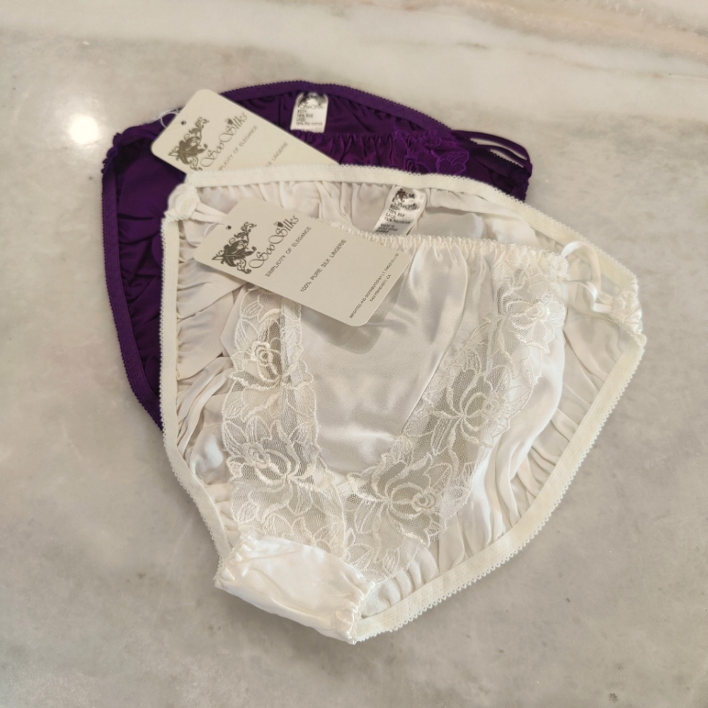 2 PCS NWT Silk Panties with Floral Lace Trim | Vintage Satin Briefs
